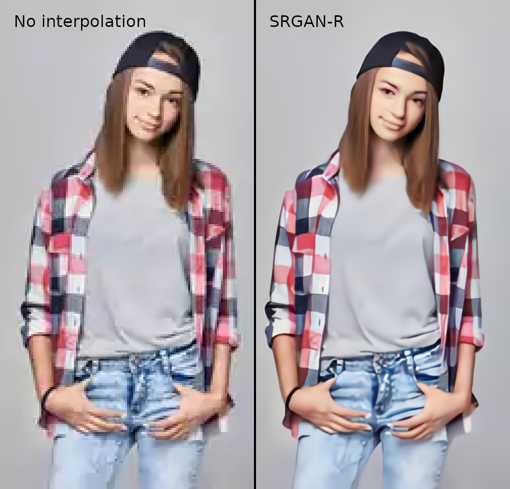 無補間の4倍拡大と改造SRGAN-Rによる超解像との比較画像。 左右に同じ画像を拡大したものが配置されており、左半分が無補間で右半分がSRGAN-Rである。 ジーンズ パンツを履いた若いモデルの女子が微笑んでいる。