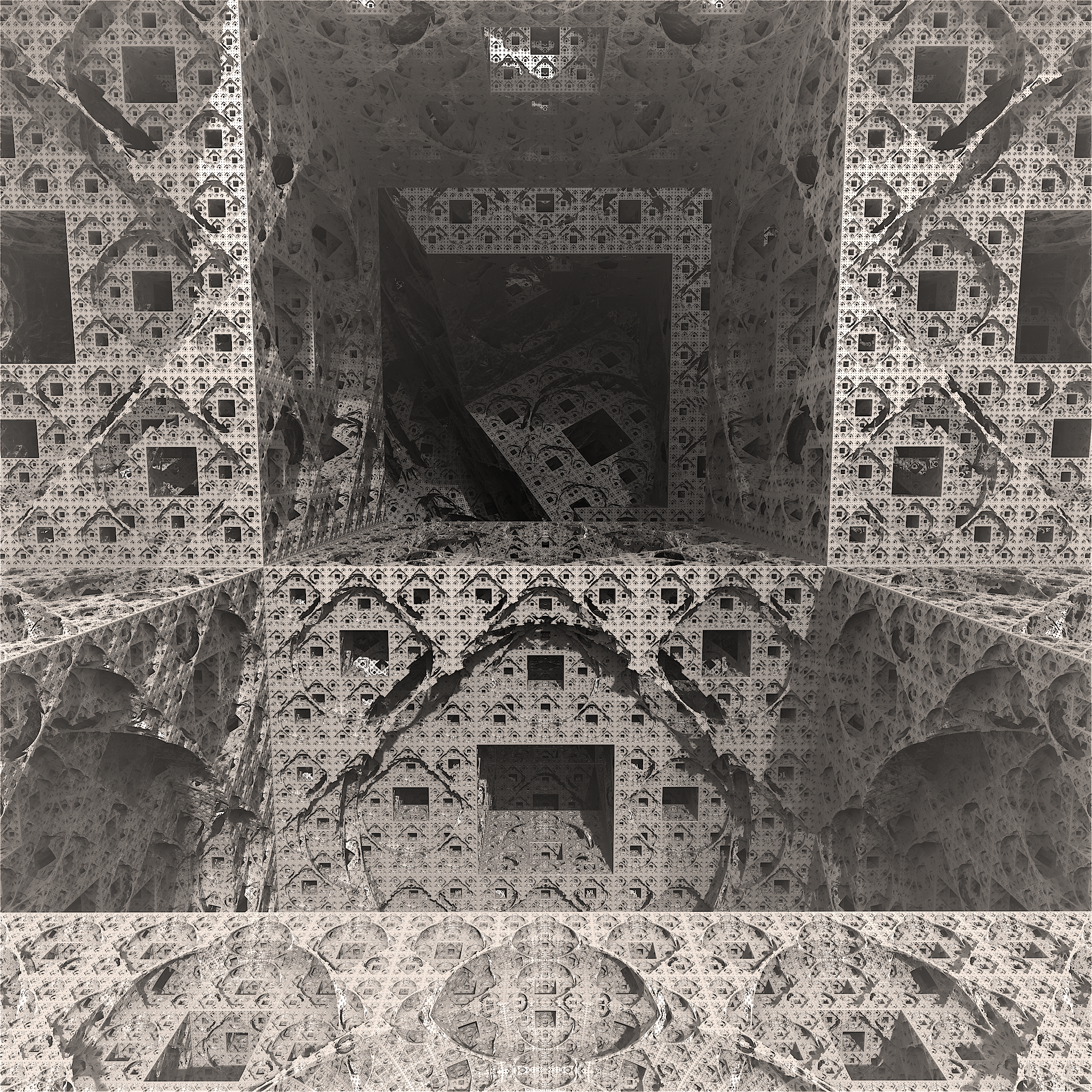 3Dフラクタル図形描画アプリケーション ソフトウェアのMandelbulberで描かれたMenger spongeの画像。 全体的に僅かに茶色味掛かった灰色の面で構成されている。 立方体と浅い円筒が組み合わさった形状の大小様々な幾何学的な穴が規則的かつ緻密に無数に空いている。