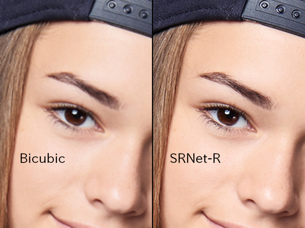 Bicubic補間法による拡大と改造SRNet-Rによる超解像との比較画像。 左右に同じ画像を拡大したものが配置されており、左半分がBicubicで右半分がSRNet-Rである。 若い女子の顔の右半分が写っている。