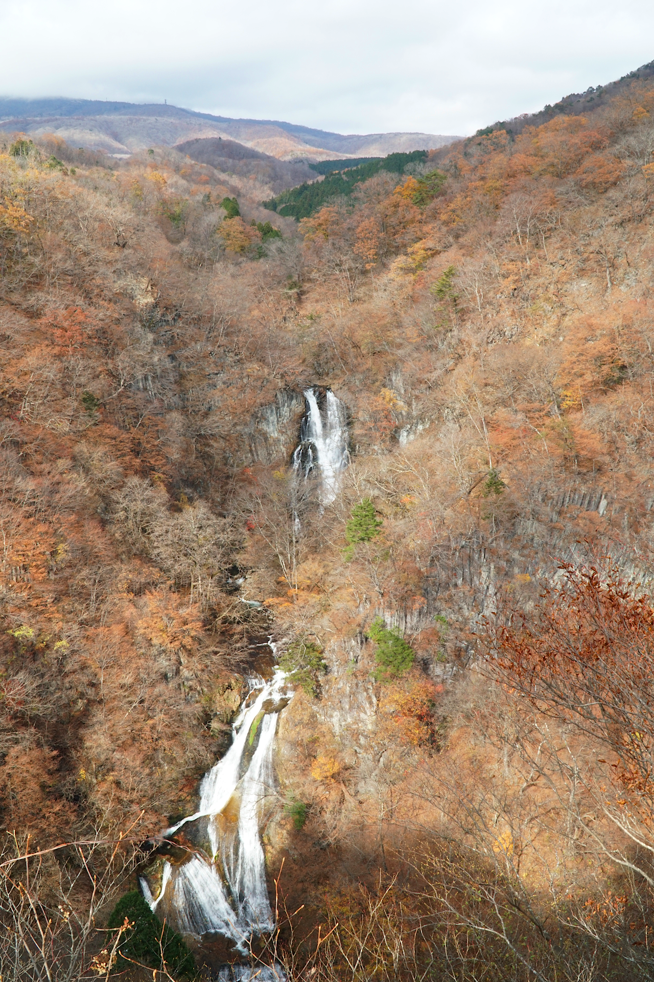落葉後の木々が多くなった山の中に見える、霧降ノ滝を撮影した写真。